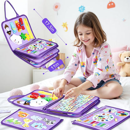 Esjay Toddler Busy Board Montessori Toys for Boys Girls, Sensory Book Educational Activities for Learning Fine Motor Skills, Birthday Gifts for Toddlers, Travel Toys for Airplane Car, White Dinosaur