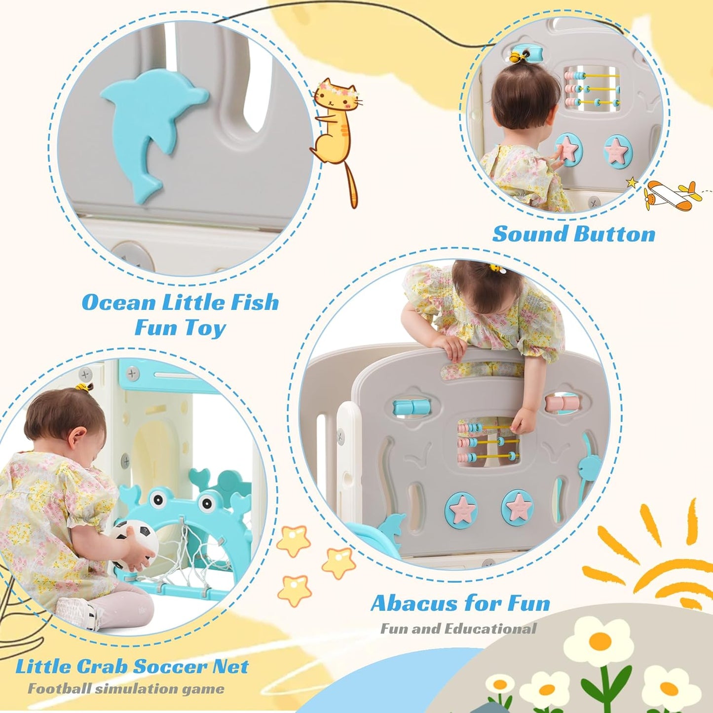 11in 1 Toddler Slide, Kid Slide for Toddlers Age 1-3 with Telescope, Basketball Hoop, and Telescope, Indoor Outdoor Playset Playground Blue Grey