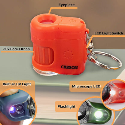 Carson MicroMini 20x Lighted Compact Pocket Microscope, UV and LED Flashlight, Orange (MM-280O)