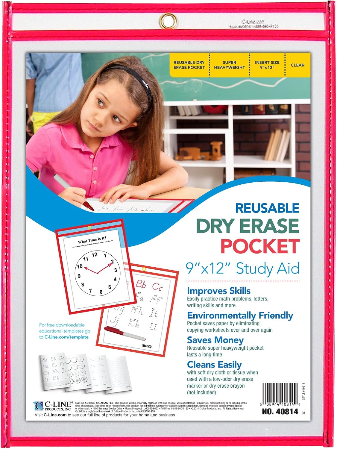 C-Line Reusable Dry Erase Pockets, 9 x 12 Inches, Assorted Neon Colors, 25 Pockets per Pack (40820)