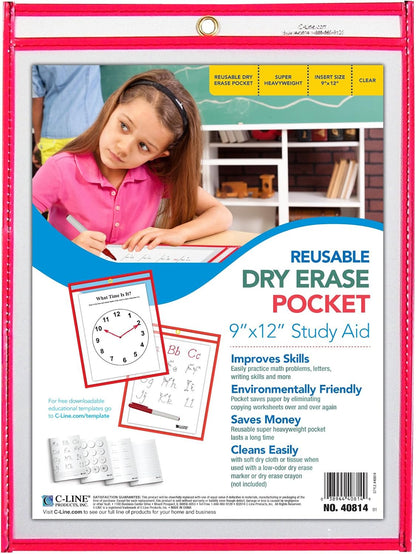 C-Line Reusable Dry Erase Pockets, 9 x 12 Inches, Assorted Neon Colors, 25 Pockets per Pack (40820)