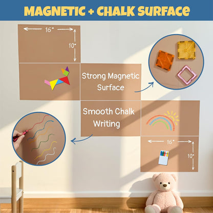 Magnetic Chalkboard Wall Decal for Kids – Set of 6 Peel and Stick Magnet Sheets with Chalk, Tangram Puzzle, and Holder – Modular Learning and Drawing Board for Homeschool, Playroom, Classroom
