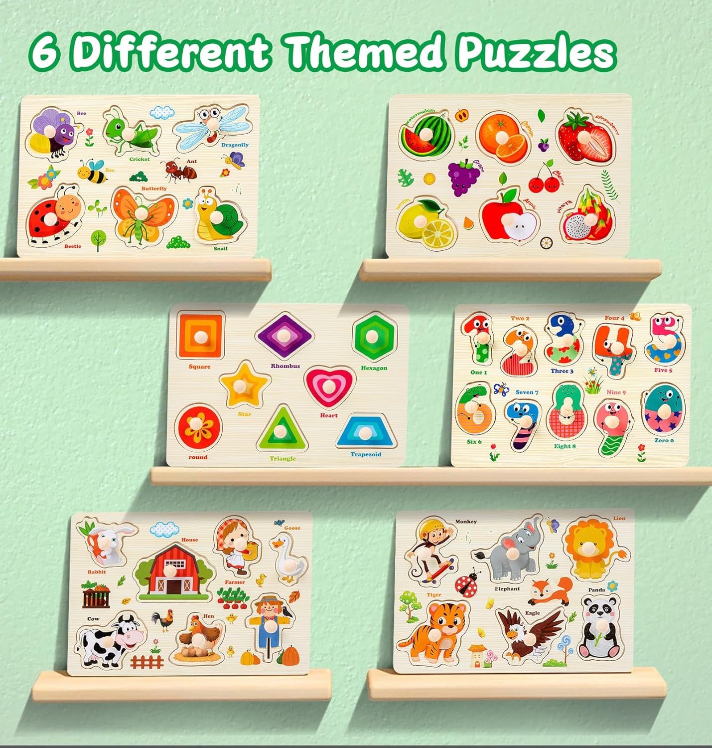 Wooden Puzzles for Toddlers, 4 Pack Montessori Toys Preschool Learning Puzzles for Baby, Farm, Shapes, Animals, Fruits Wooden Peg Puzzles for Boys and Girls (4 Pack)