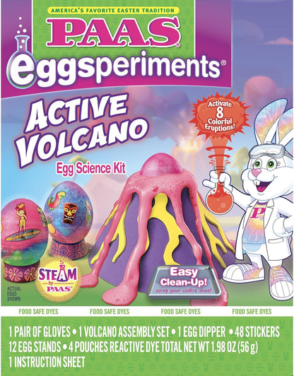 PAAS Eggsperiments Active Volcano Easter Egg Decorating Kit – Fun & Educational Kit with 8 Colorful Eruptions, Stickers, and Volcano Assembly Set