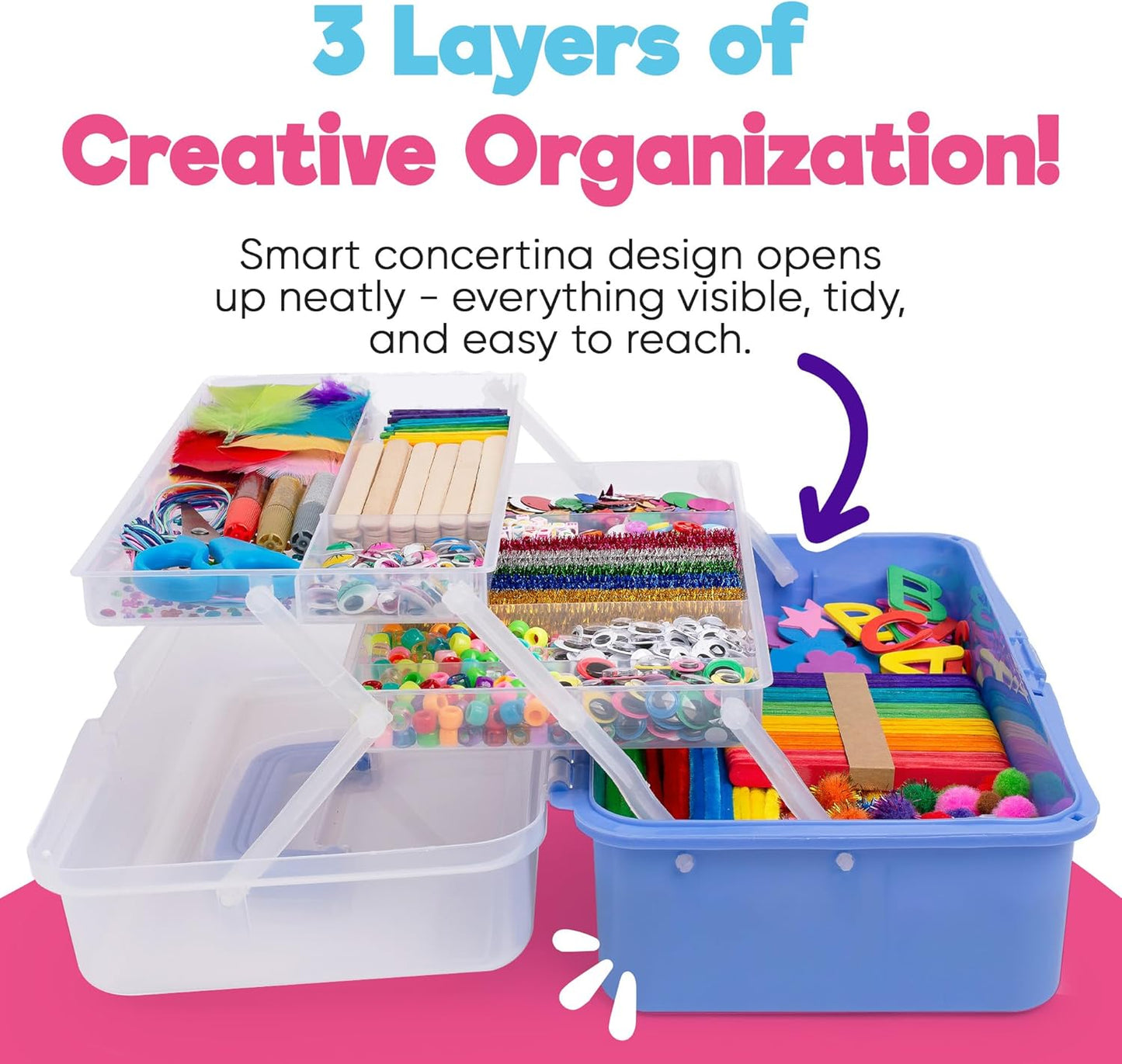 Blue Squid Arts & Crafts Box (Blue)- 2800+ pcs Deluxe Craft Supplies Box, 2 Drawers, 18 Compartments, Sturdy Handle - Art Crafting Kit Birthday Gifts for Kids, School Supply for Ages 4-12