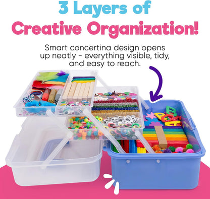 Blue Squid Arts & Crafts Box (Blue)- 2800+ pcs Deluxe Craft Supplies Box, 2 Drawers, 18 Compartments, Sturdy Handle - Art Crafting Kit Birthday Gifts for Kids, School Supply for Ages 4-12