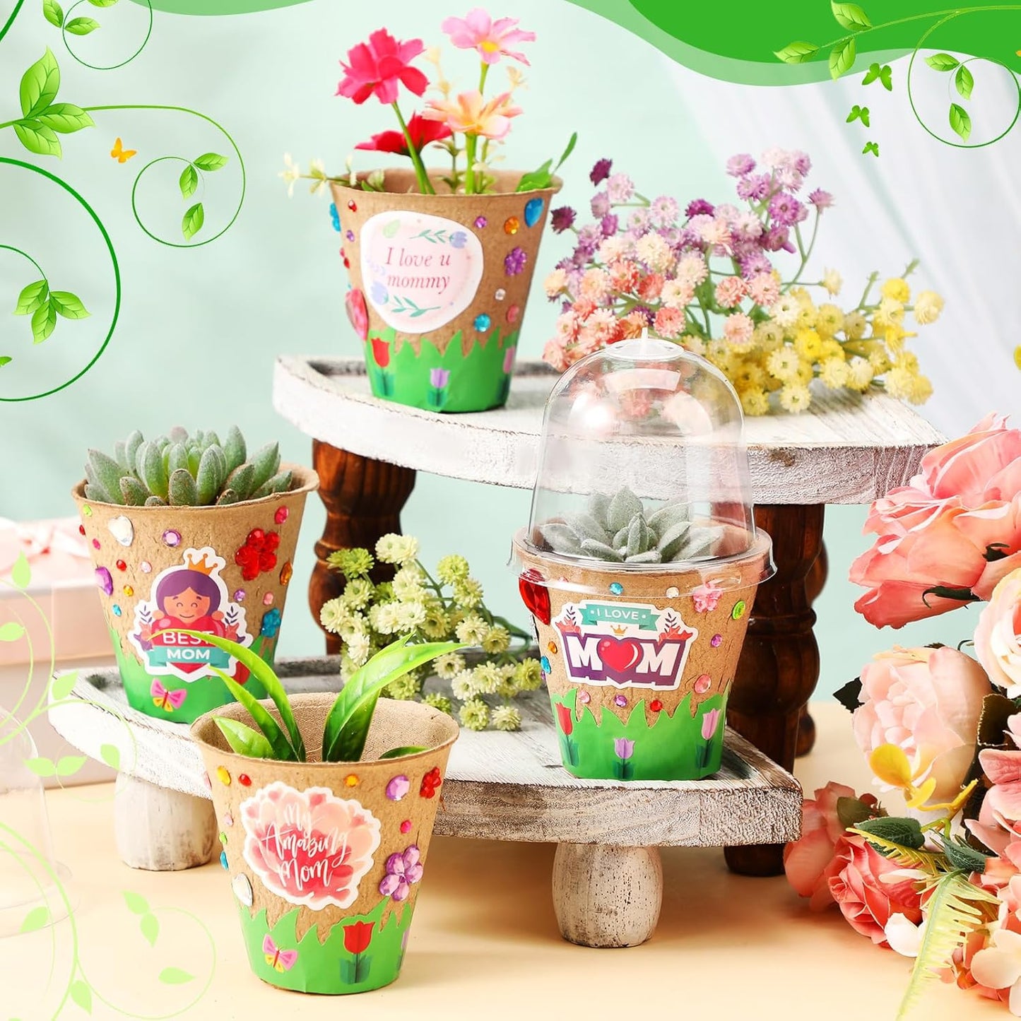 Motipuns Mother's Day Garden Paper Pot Craft Kit Include Plant Flower Peat Pots with Domes 4 Sheet Rhinestones Jewels Stickers and Adhesive Spring Stickers Set for DIY Craft Gifts