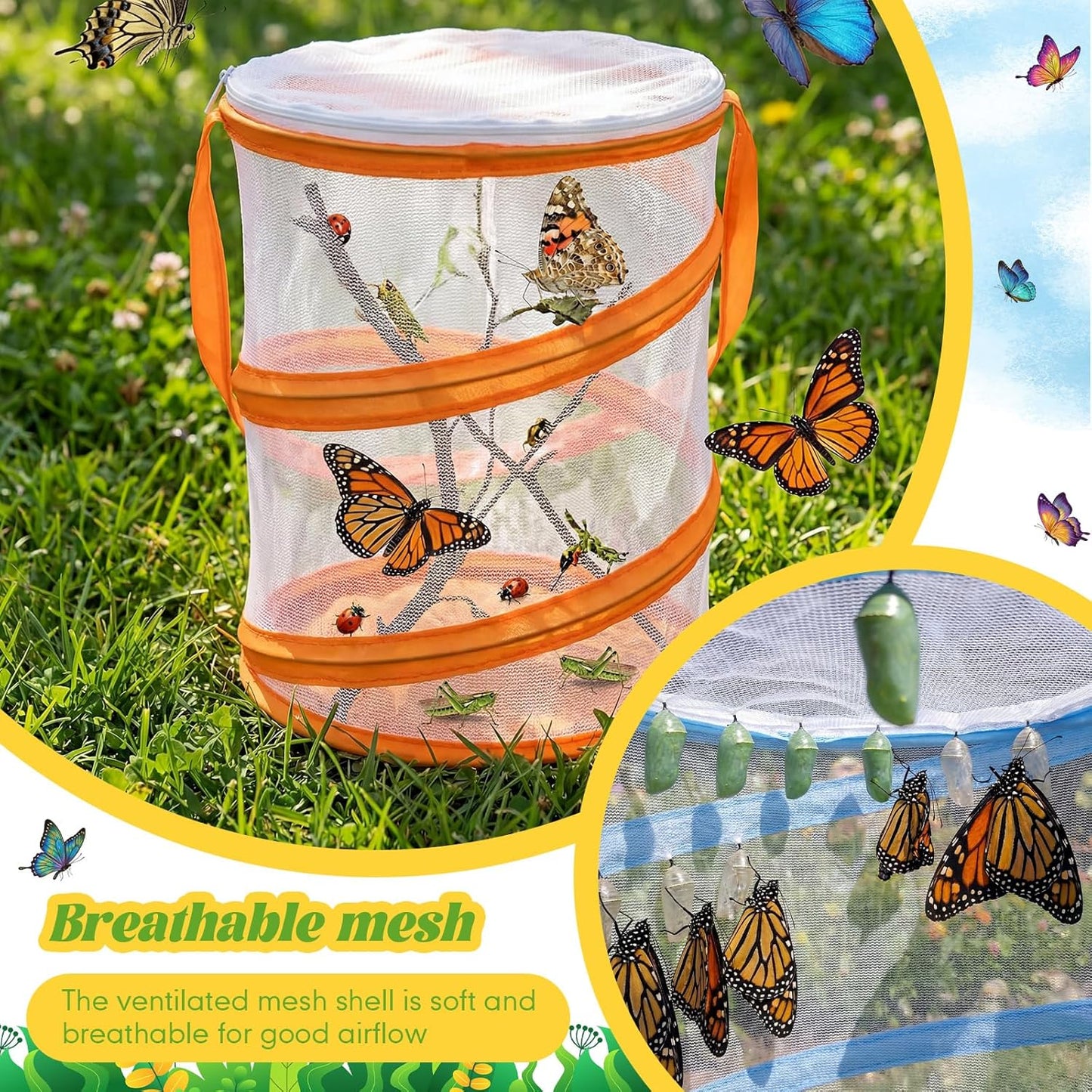 Sherr Mini Butterfly Habitat Cage Clear Mesh Butterfly Net Cage Container Foldable Terrarium, 6.2x7.1inch