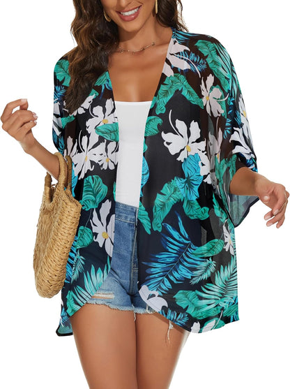 Womens Kimono Cardigans Beach Cover ups Swimwear Puff Sleeve Loose Casual Summer Tops 2026