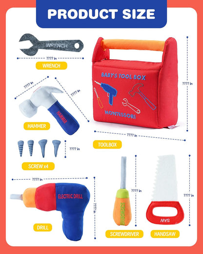 Jollybaby Soft Kid Tool Box Set Toy Inclub Drill Hammer Saw Wrench Screwdriver Screw for Baby, Montessori Preschool Educational Learning Construction Toys for Boy Birthday Gift - RED