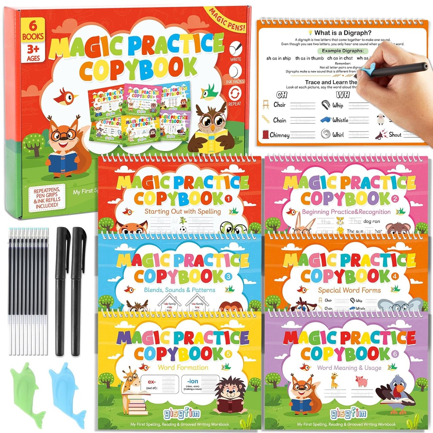 gisgfim 6 Reading and Spelling Set Reading Skill Magic Practice Copybook with Disappearing Ink Pen Learn to Read Handwriting Workbook CVC Word Phonics Game for Homeschool Classroom Activities