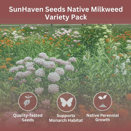 Native Milkweed Variety Pack - 5 Essential Species for Monarch Butterfly Gardens - Common, Swamp, Butterfly Weed, Showy & Narrowleaf - Non-GMO Native Wildflower Seeds for Pollinators