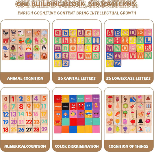 Wooden ABC Building Blocks for Toddlers,30 PCS Montessori Alphabet & Number Learning Toy with Matching Cards, Preschool Educational Toy for Stacking, Counting, Sensory Play, Gifts for Kids Boys Girls