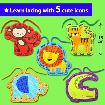 KRAFUN My First Lacing Cards Kit for Toddlers & Kids Age 3+, 10 Safari Animal Arts & Crafts Projects, Fine Motor Skills Toys with Lion Monkey Elephant Tiger Giraffe Hippo Zebra Bear