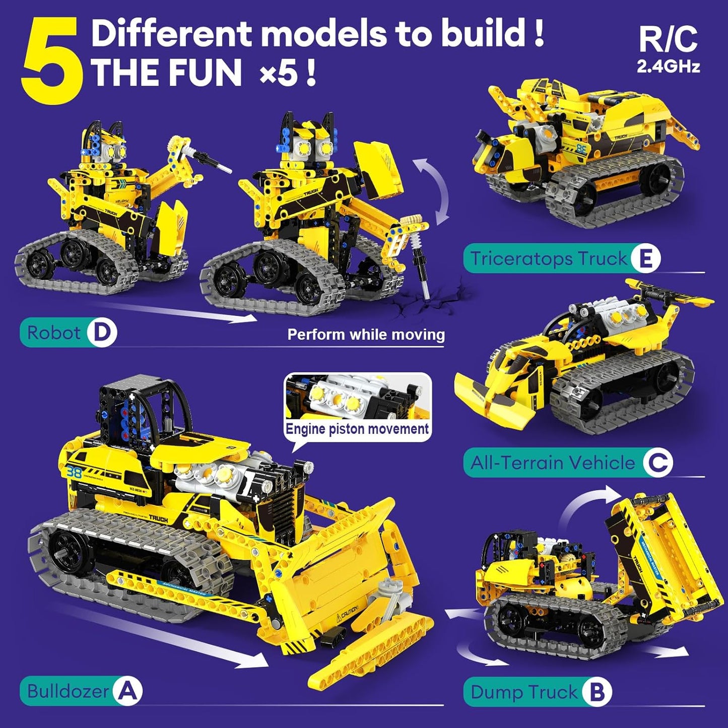 LECPOP 5 in 1 Building Toys STEM Robotics Kit, 430 PCS Blocks RC Robot Erector Sets, APP & Remote Control Excavator Science Kits for Kids Age 6 7 8 9 10 11 12-14, DIY Educational Gift for Boys & Girls