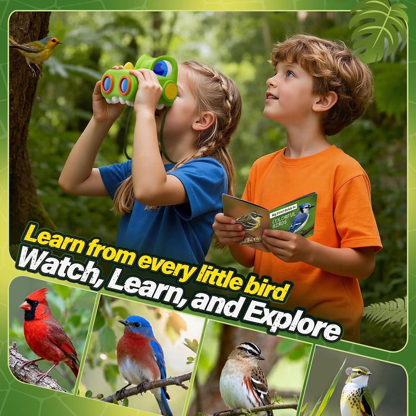 Dinosaur Toys for Boys Age 3-12 Kids Binoculars, Dinosaur Binoculars with Compass & Bird Watching Manual,3 4 5 6 7 8 9 10 11 12 Year Old Boys Toys, Outdoor Camping Exploration (Green)