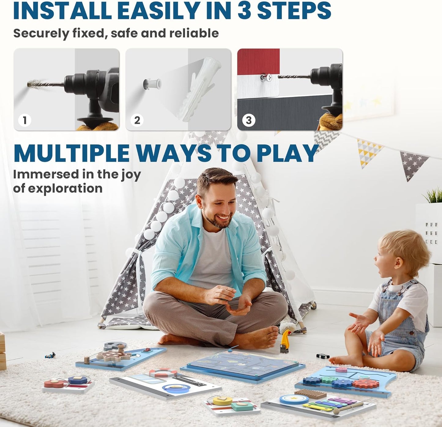 BlueWood Wooden Wall Busy Board Panels, Toddler Learning Activity Center, Montessori Philosophy Sensory, Educational Toys, Conducive to All-Round Development - Whale