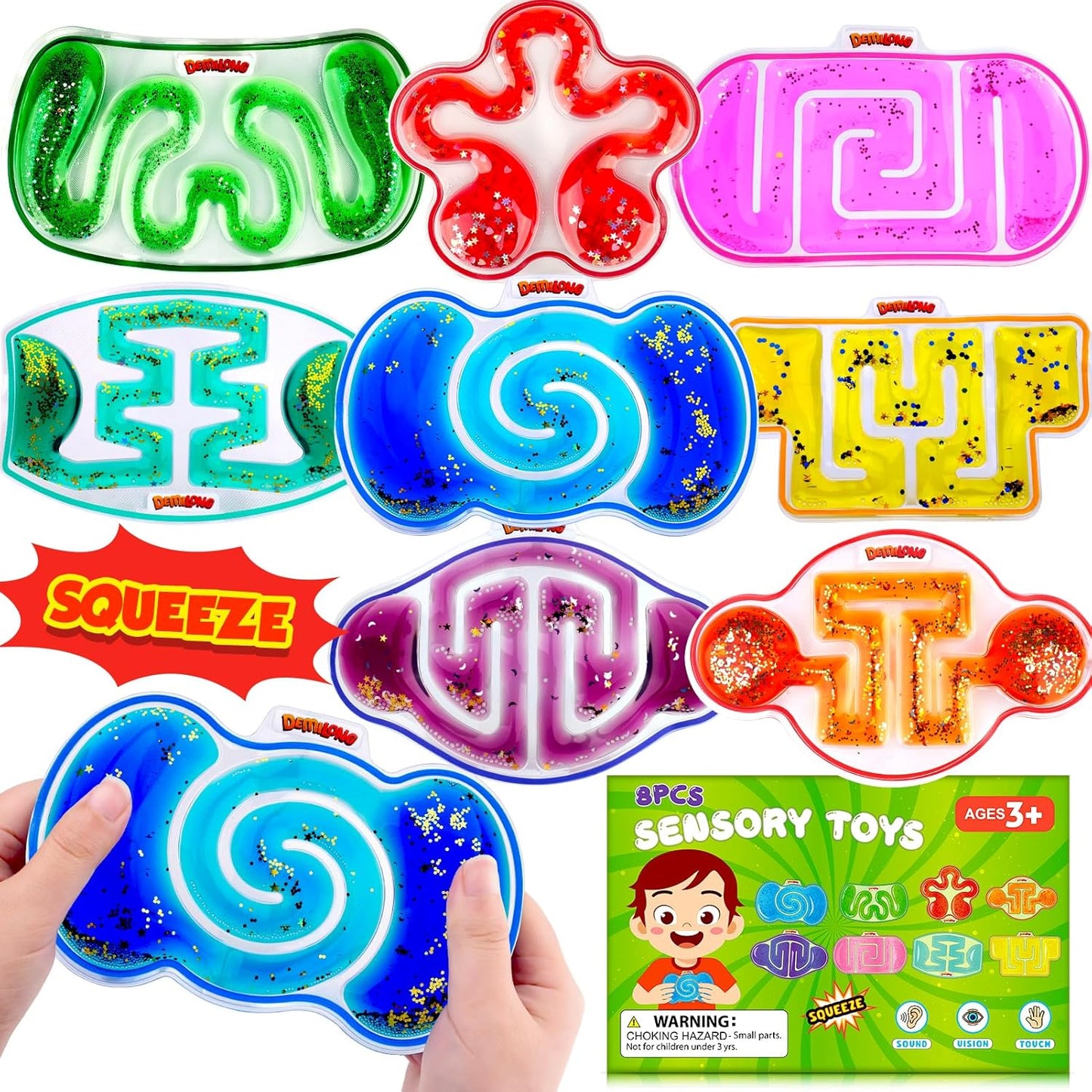 Squishy Sensory Toys for Kids - 4 Pack Fidget Toy Sensory Maze for Autism - Stress Relief Toys for Calm Down - Squeeze Fidget Toy Filled Goo, Glitter, Prizes for Kids Classroom, Goodie Bags Stuffers