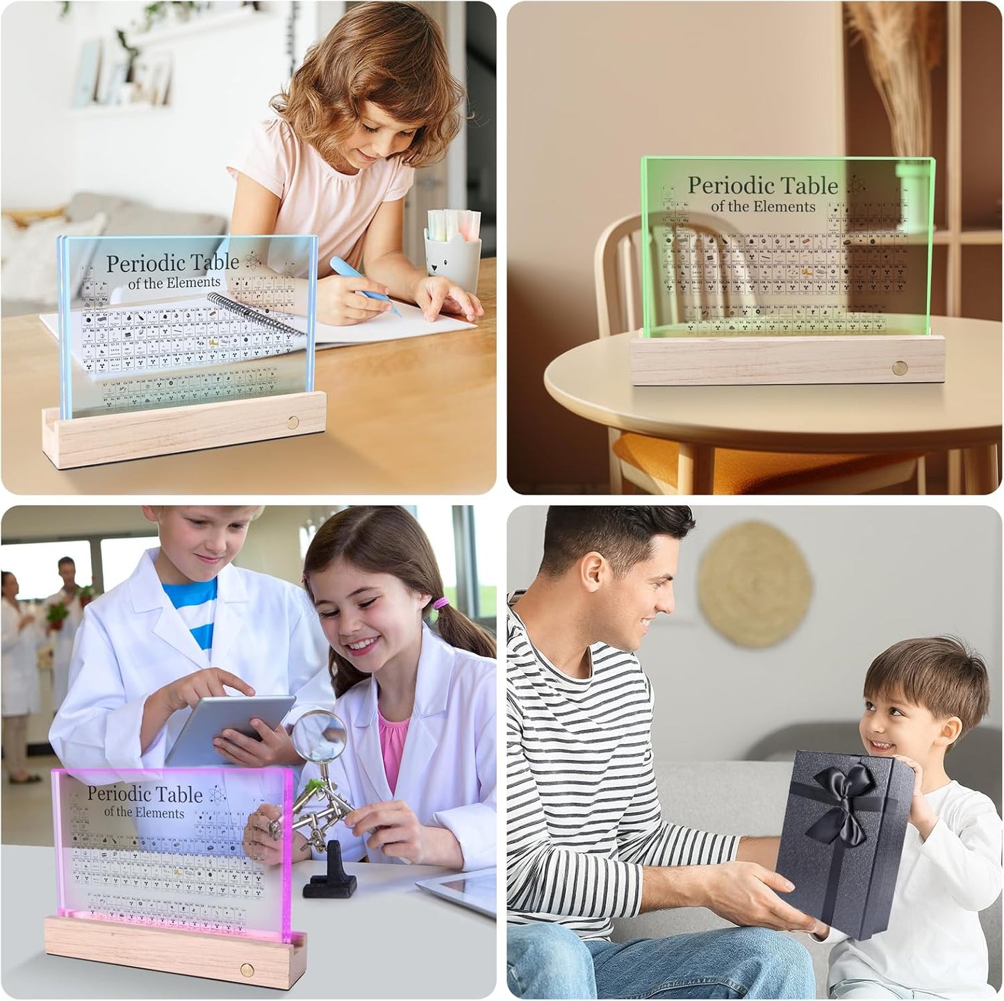 Rafecs Periodic Table with Real Elements Inside, Large Acrylic Periodic Table with Cordless LED Wooden Stand and Magnifier, Chemistry Gifts for Students, Kids, Teacher and Science Lovers