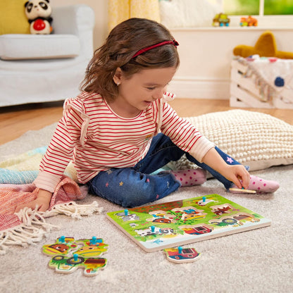 B. toys – Peek & Explore – Vehicles – Wooden Peg Puzzle for Toddlers, Kids – 8 Pieces – Fire Truck, Airplane, Taxi & More – 2+ Years
