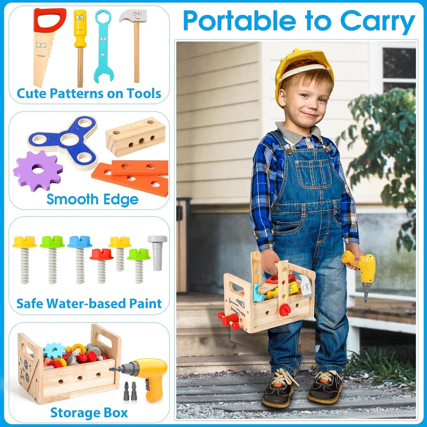 Kids Tool Set Toy with Drill, Wooden Toy for 2 3 4 5 Years Old Boy Girl, 37 Pcs Stem Montessori Toy for Learning Educational Construction Toy, Birthday Gift for Kids