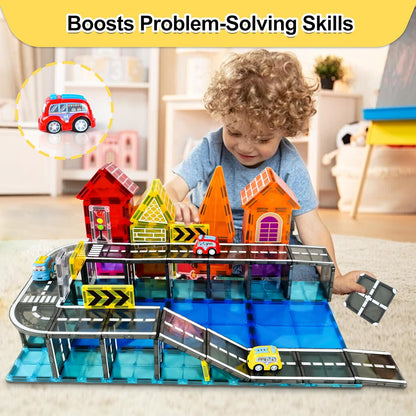 Drofex 42pcs Magnetic Tiles Road, Magnetic Building Blocks City Construction Toys for 3+Year Old Boys Girls, Kids Montessori Toys for Toddler, STEM Learning Gifts