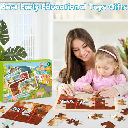 Wooden Animals Puzzles for Kids Age 3 4 5 Year Old, 4 Pack 24 Pcs Montessori Toddler Jigsaw Puzzles for Girl boy Activities Preschool Learning Educational Birthday Gift Travel Autistic Wooden Toys