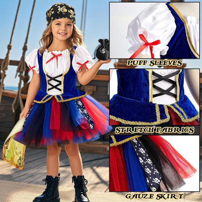 Latocos 14pcs Girls Pirate Costume Dress Kids Pirate Accessories Hat Eye Patch Halloween Dress Up Role Play Gift