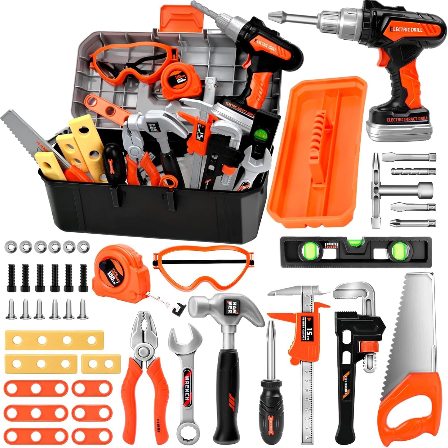 Kids Tool Set 49 PCS, Portable Tool Bag with Battery Powered Toy Drill & Adjustable Belt, Pretend Play Toddler Tool Set, Construction Toys for Boys & Girls Age 3-8, STEM Gifts