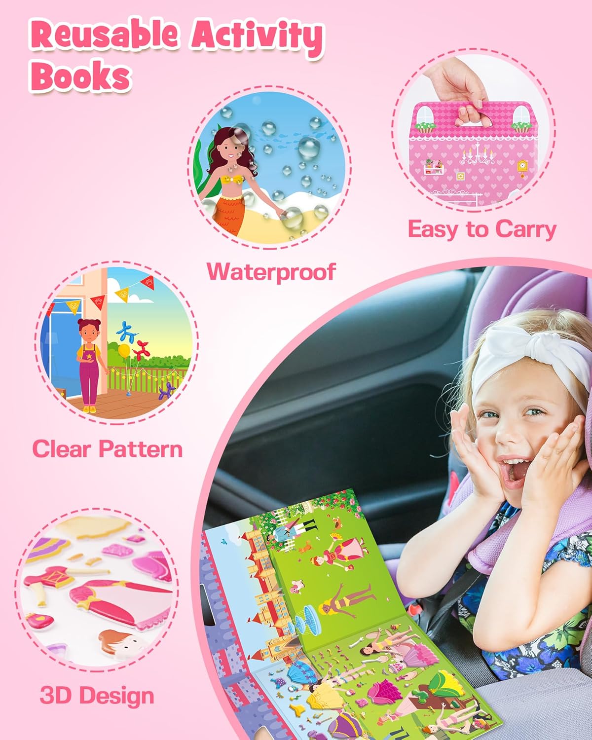 D-FantiX 3D Puffy Stickers for Toddlers 2-4 Years, Reusable Sticker Books for Girls Ages 4-8, Dress-Up, Princess, Mermaid, Pet, Car Road Trip Activities for Kids 3-5, Airplane Travel Essentials