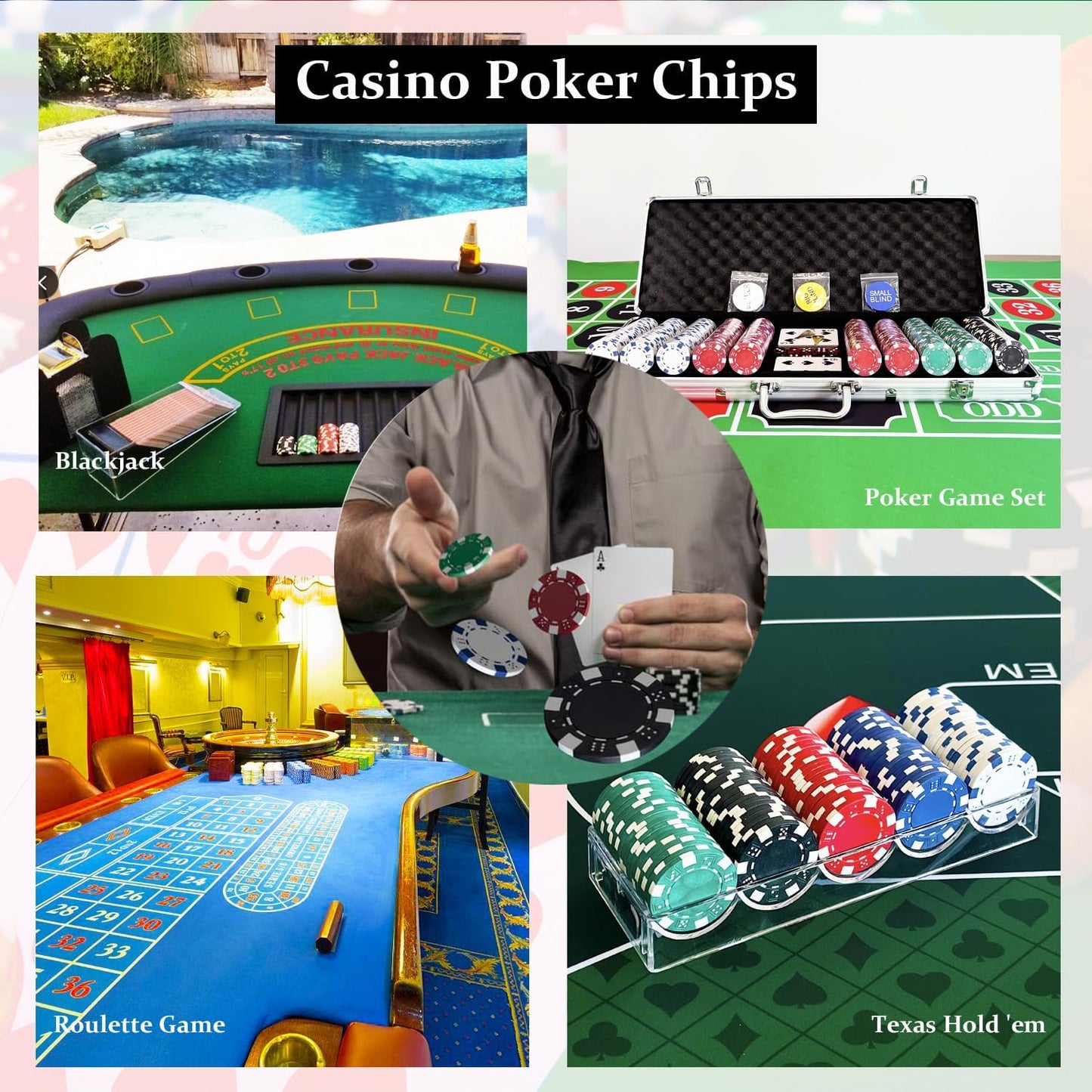 SEETOOOGAMES 100 Pieces 11.5g Clay Composite Dice Striped Casino Poker Chips- 4 Colors (red, Green, White and Blue)