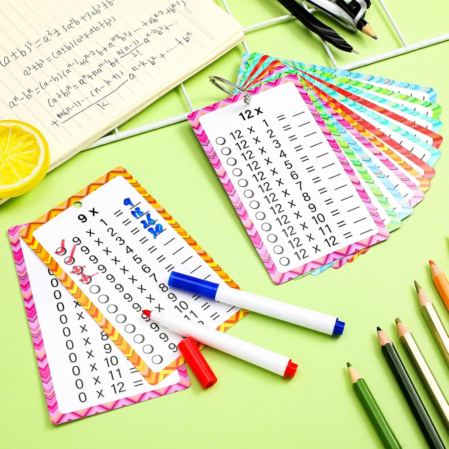 Geyee Multiplication Flashcards 0-12 with Dry Erase Markers and Rings Math Educational Multiplication Flashcards Timetable Charts for 1st to 3rd Grades Fun Learning with Math Game(17 Pcs)