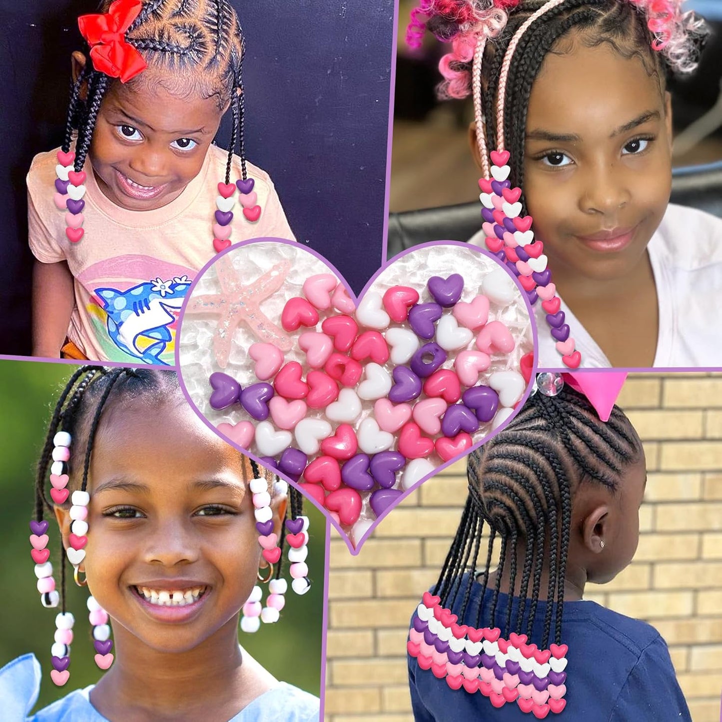 90PCS Heart Hair Beads for Braids Blue Pink Loc Dreadlock Valentine's Day Bead Accessories Purple Cute Acrylic Heart Shape Beads for Kids Girls