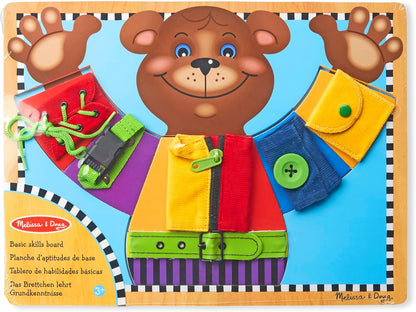 Melissa & Doug Basic Skills Puzzle Board - Wooden Educational Toy Learn to Button Busy Board, Activity for Fine Motor Skills, Developmental Toy for Toddlers Ages 3+
