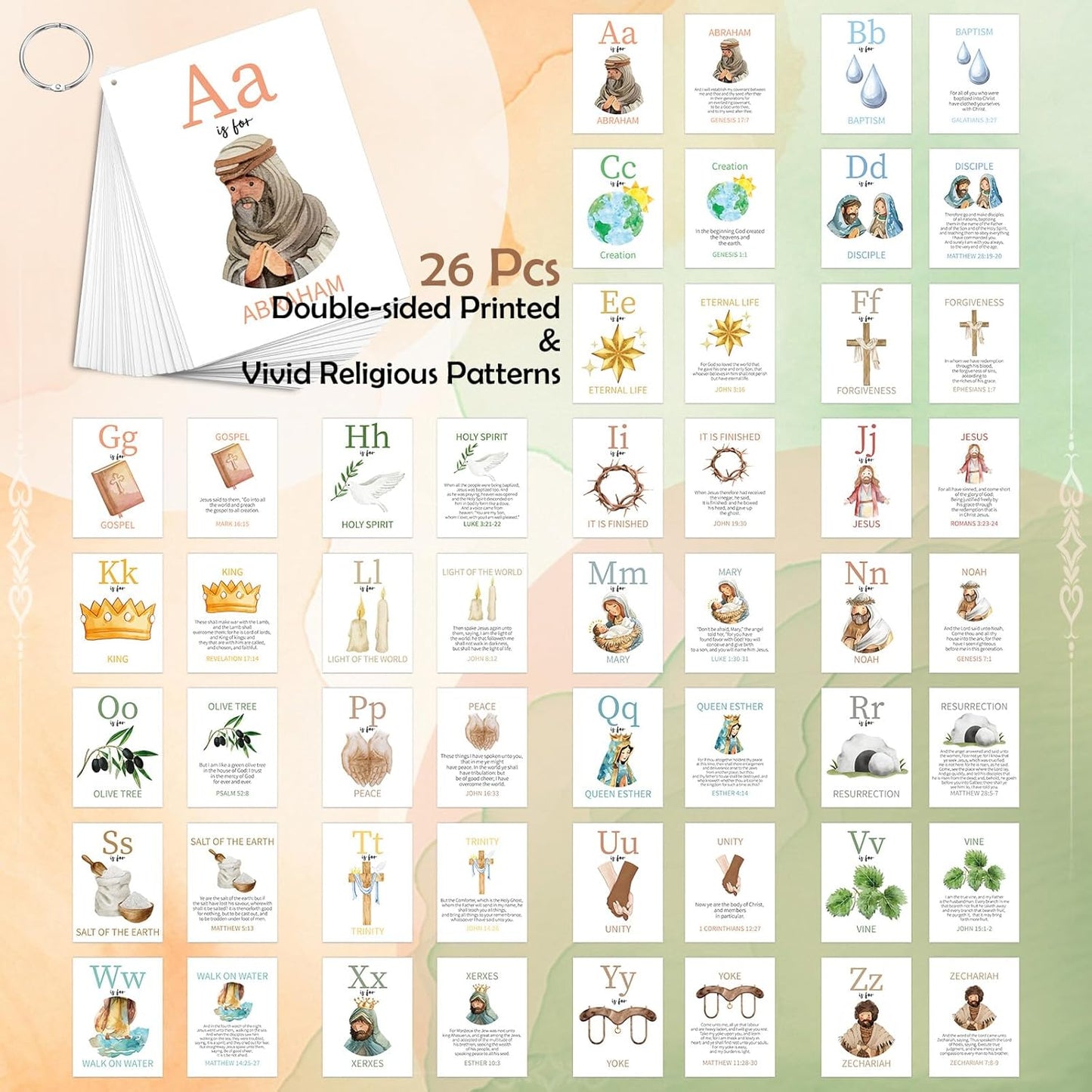 Skyygemm 26 Pcs Bible ABC Flash Cards Christian Bible Verse Alphabet Cards KJV Version Religious Scripture Memory with Stainless Steel Ring for Preschool Sunday School Toys Basket Suffers