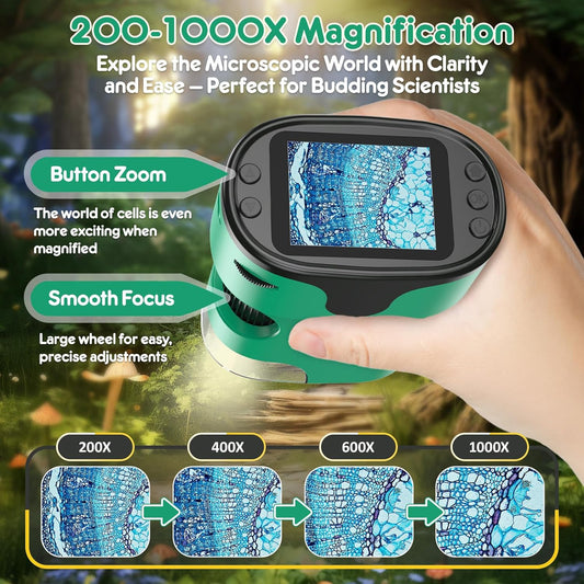 1000X Handheld Microscope for Kids 4K 2.0" Screen Rechargeable Mini Pocket Digital Microscopes w/Slides Kit Portable Edu Gift Age 4-6 8-12 Children Students (White)