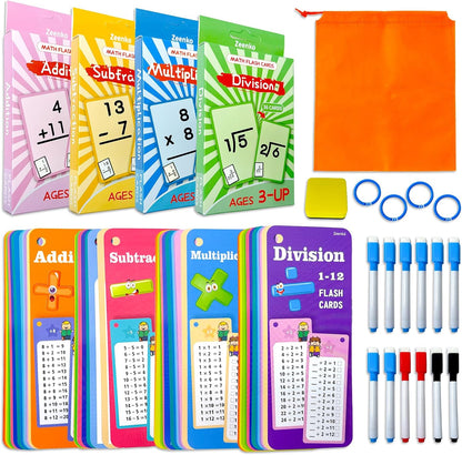 1-12 Math Flash Cards with 6 Dry Erase Pens, 15Pcs Big Multiplication Flash Cards + 36 Pcs Random Double-Sided Multiplication Practice Cards, Educational Math Flashcards for Kids Ages 6+