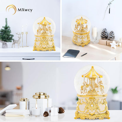 Carousel Music Box Gold & Ivory Christmas Snow Globes, 8.3" Rotate Carousel Snow Globe for Kids & Adults, Classic Wind up Musical Snow Globe Birthday Gifts for Women Girls, Carousel Horse Home Decor
