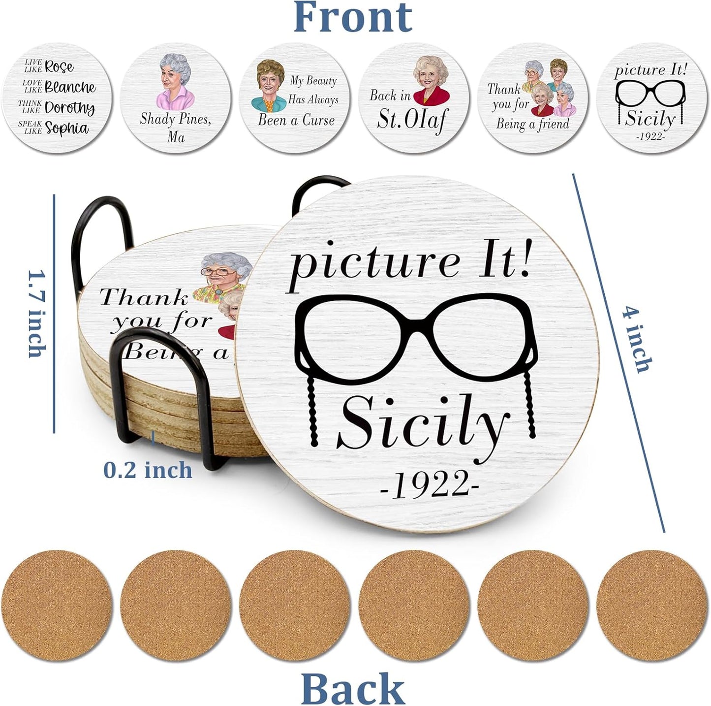 Golden Girls TV Show Merchandise,6 PCS Cork Coasters for Drinks,Funny Set with Coasters Holder,Golden Girls Fans Clean Dirty Dishwasher Magnet,Refrigerator Sign Kitchen Decor Gifts