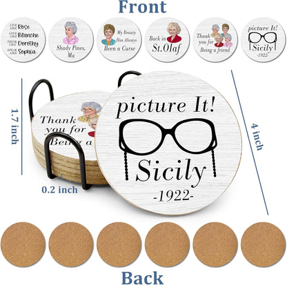 Golden Girls TV Show Merchandise,6 PCS Cork Coasters for Drinks,Funny Set with Coasters Holder,Golden Girls Fans Clean Dirty Dishwasher Magnet,Refrigerator Sign Kitchen Decor Gifts