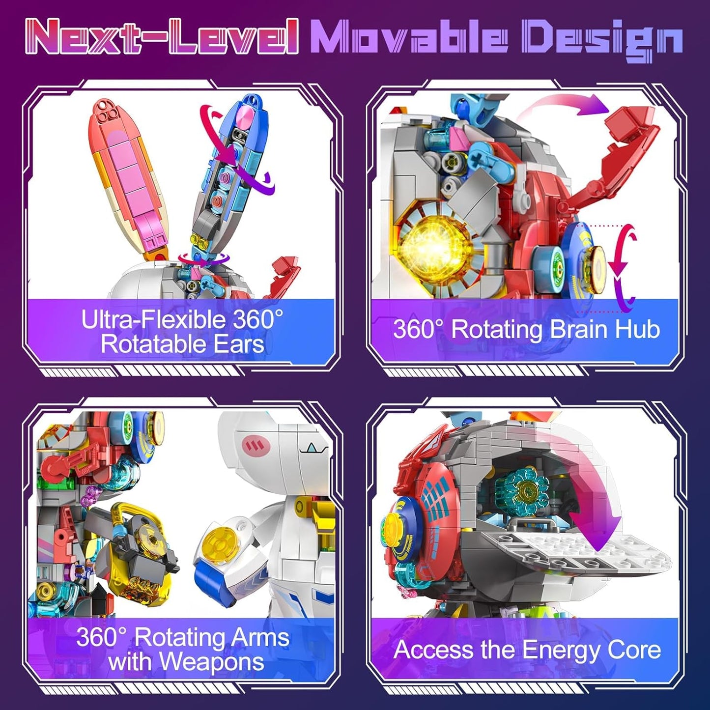 Mechanical Bunny Building Set for Adults,LED Light-Up Eyes Cute Cyberpunk Bunny Building Toy with Display Stand,STEM Poseable Animal Model Kit for Kids,for Boys Girls 8-14+ (1377PCS)