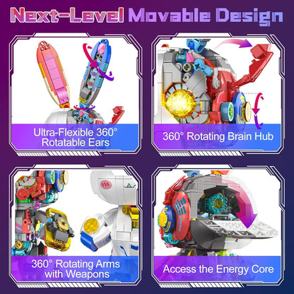 Mechanical Bunny Building Set for Adults,LED Light-Up Eyes Cute Cyberpunk Bunny Building Toy with Display Stand,STEM Poseable Animal Model Kit for Kids,for Boys Girls 8-14+ (1377PCS)