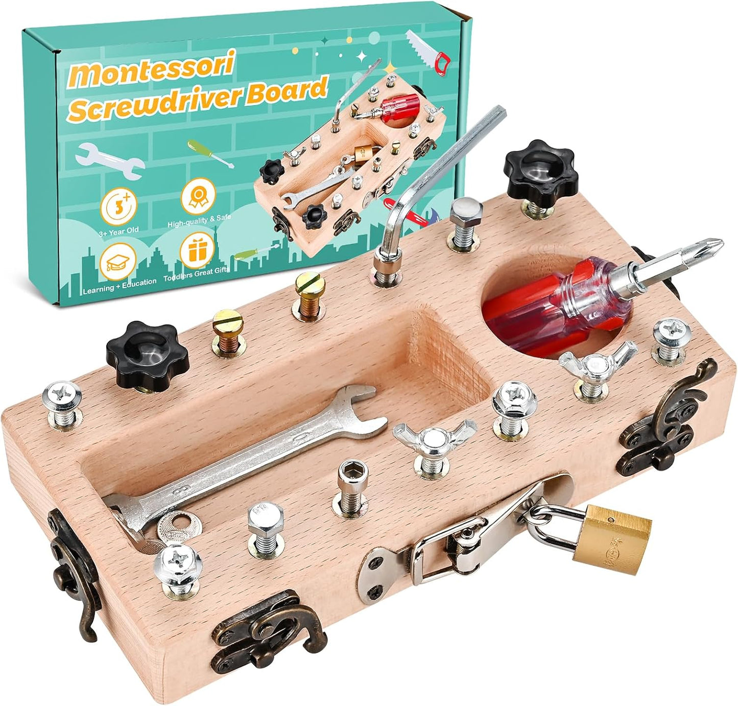 Montessori Screwdriver Board Set with Lock and Key, Montessori Toys for 3 4 5 Year Old, Wooden Screw Driver Activities Tools, Fine Motor Skills Preschool Learning Sensory Toy