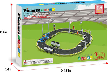 PicassoTiles Magnetic Tiles Race Track Car Thrilling Toy Playset Includes 2 Racing Trucks STEM Educational Magnet Tile Building Block Construction Set for Toddlers Boys Girls Ages 3 and Older PTR30