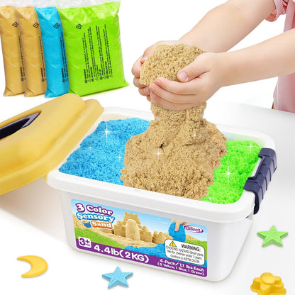 Billeeit 4.4 lbs Play Sand w/Storage Sand Box, 4-Pack(2 Yellow, 1 Blue, 1 Green) Sensory Bin Refill Sand for Shaping, Molding, Pressing, Scooping, Rolling, Self-Sticking Sand Sensory Toy for Kids 3+