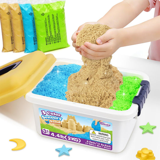 Billeeit 4.4 lbs Play Sand w/Storage Sand Box, 4-Pack(2 Yellow, 1 Blue, 1 Green) Sensory Bin Refill Sand for Shaping, Molding, Pressing, Scooping, Rolling, Self-Sticking Sand Sensory Toy for Kids 3+