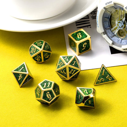 DnDnD Heavy Polyhedral Metal Dice Set with Metal Box, 7-die Shiny Blue Surface with Golden Number for RPG,Dungeons and Dragons,Pathfinder,Shadowrun,D&D,Role Palying Game and Math Teaching - Colors B