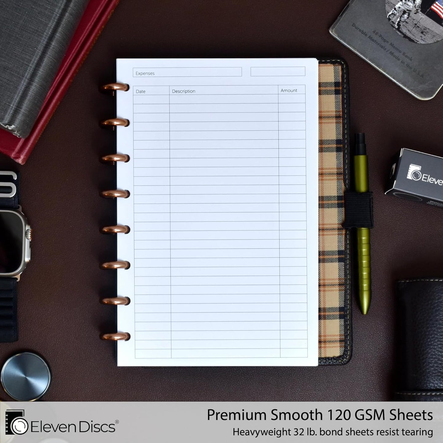 Eleven Discs Discbound Paper, Junior Size Mileage Log Sheets - Premium 120gsm Heavyweight Notebook & Planner Refills - 8 Discs, 5.5 x 8.5 in - Punched for Circa, Arc, TUL (50 Sheets)