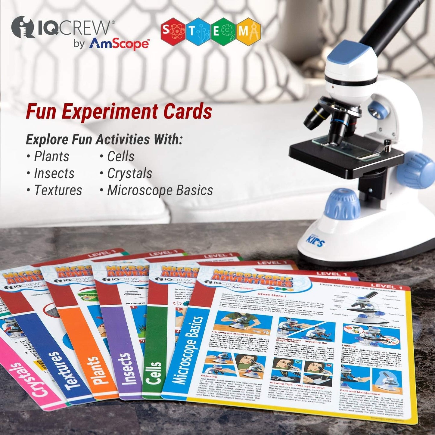 IQCrew - Microscope Experiment & Activity Cards for Kids & Students - Microscopic Adventures (Set of 6 Experiment Cards) - BK-EXCL1