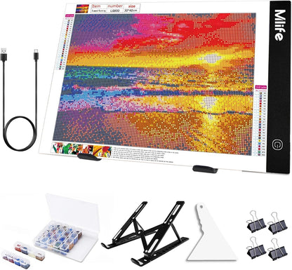Mlife B4 LED Light Pad Kit - Upgraded Diamond Art Painting Light Box Dimmable Tracing Light Board, Sketching, Animation, Drawing Light Box with 4 Fasten Clips and Metal Stand